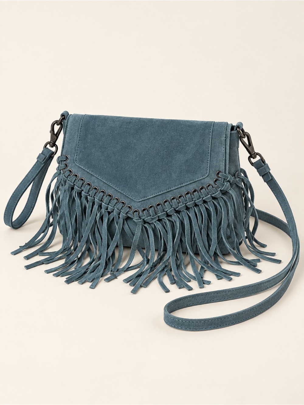 Teal Fringe Suede Crossbody Bag